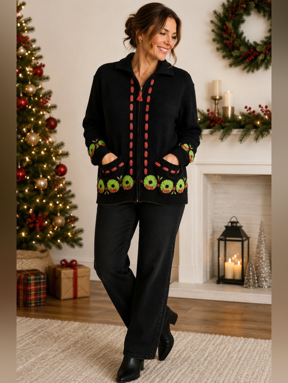 Investments Christmas Wreath Tartan Plaid Zip Cardigan Sweater Black L